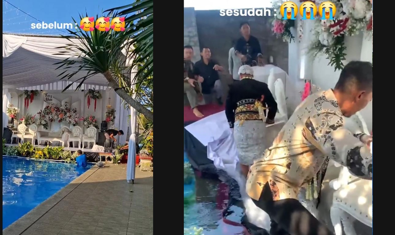 Viral! Pelaminan Ambruk ke Kolam, Momen Haru Resepsi Pernikahan Berubah Jadi Kocak